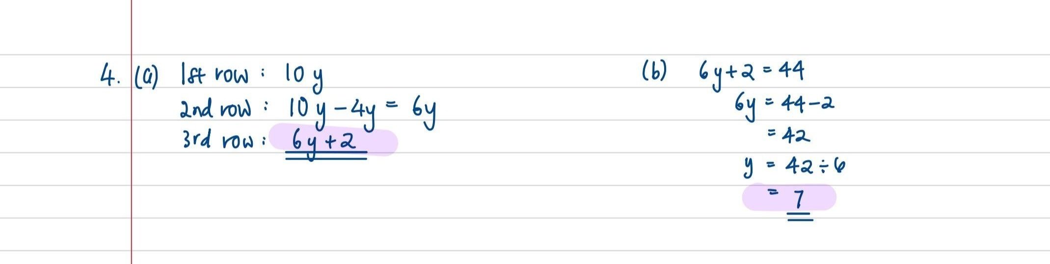 Handwritten mathematical solution on lined paper showing equations and calculations involving variables y and 6y + 2.