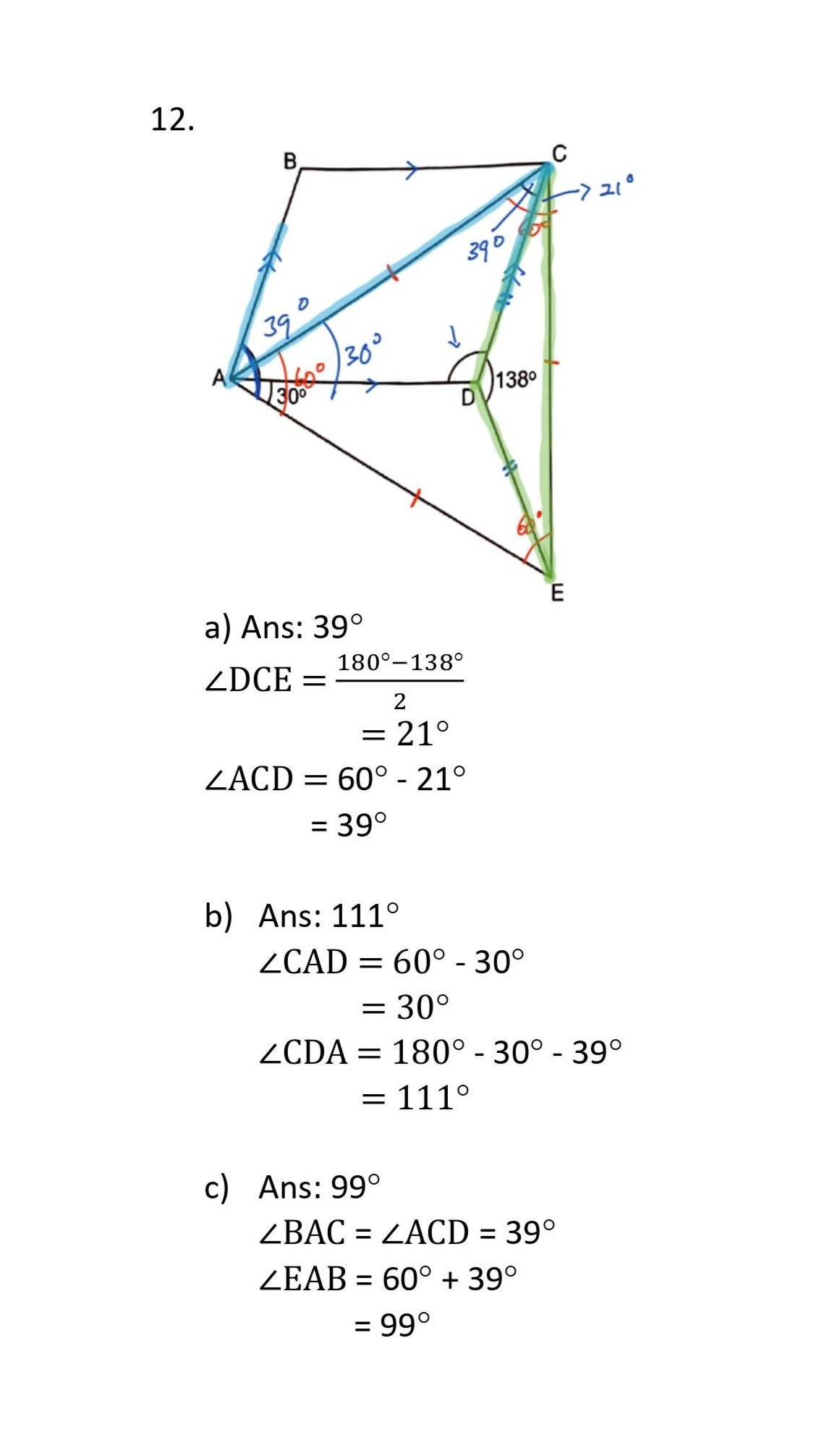 A geometric diagram illustrating angles and lines with annotations of various angle measures, along with calculations showing the solutions to three different angle problems.
