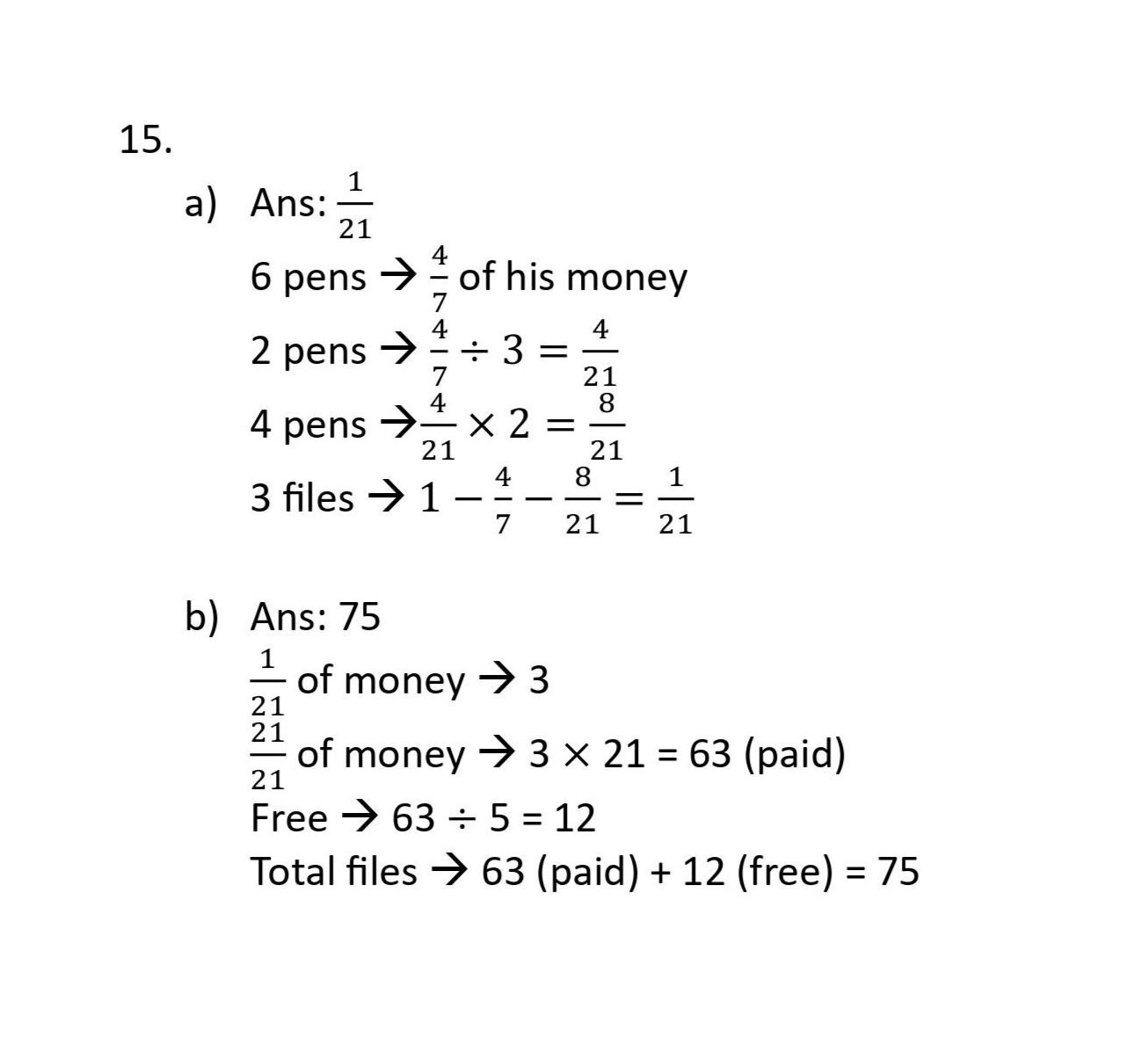 Math problem involving fractions and calculations, with steps and answers for parts a and b.