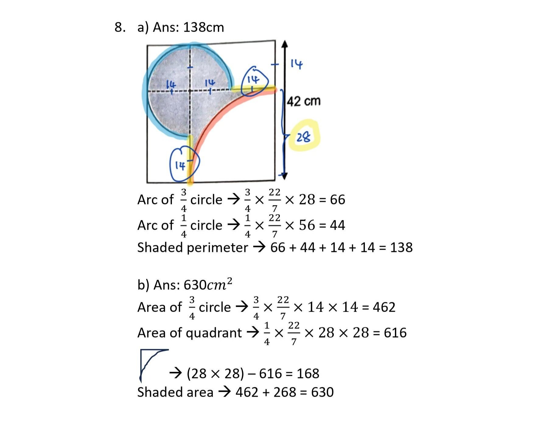 Mathematical diagram demonstrating calculations involving circles, rectangles, and shaded areas with noted measurements and formulas.