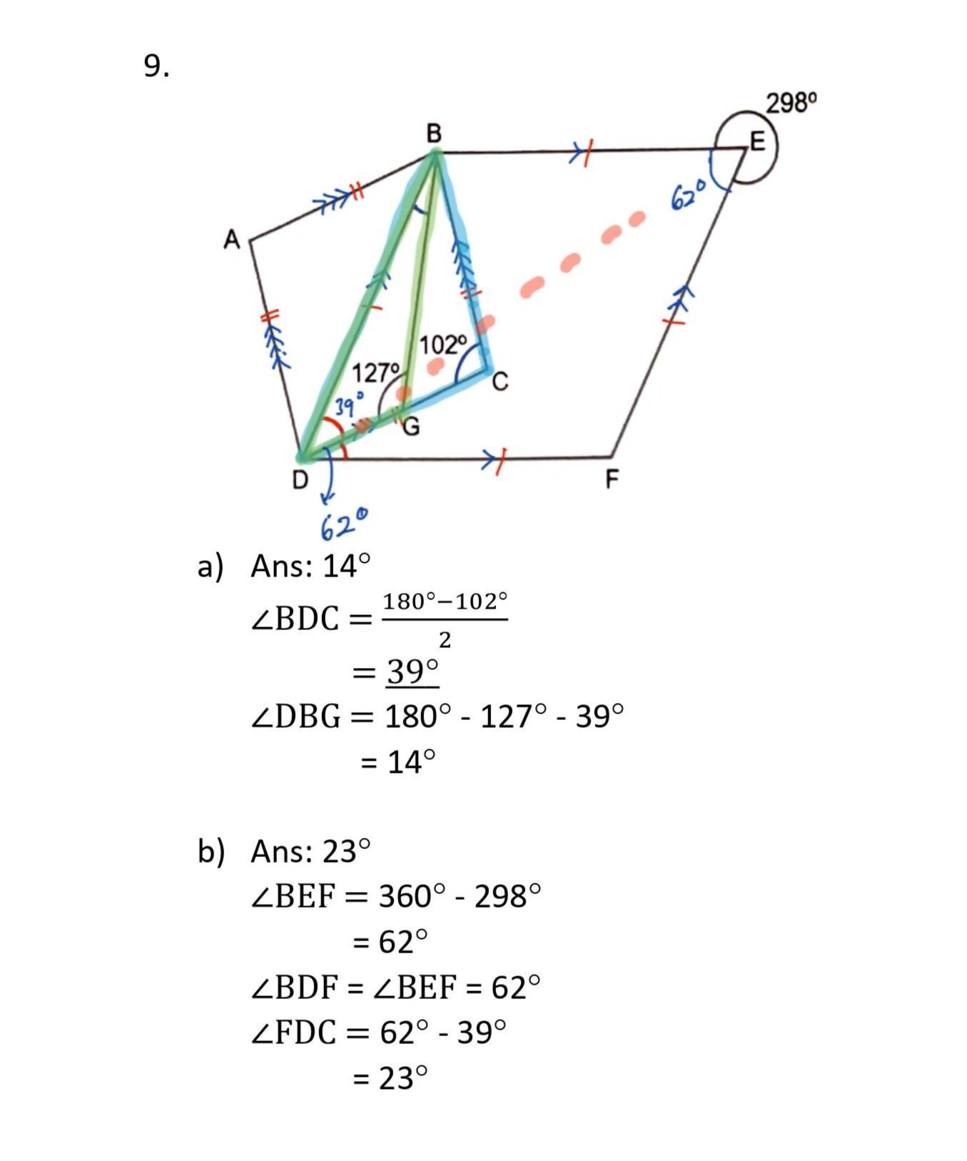 A geometric diagram showing a 3D shape with labeled points A through F, angles, and auxiliary lines. Text contains mathematical calculations and answers for angles 14 degrees and 23 degrees.