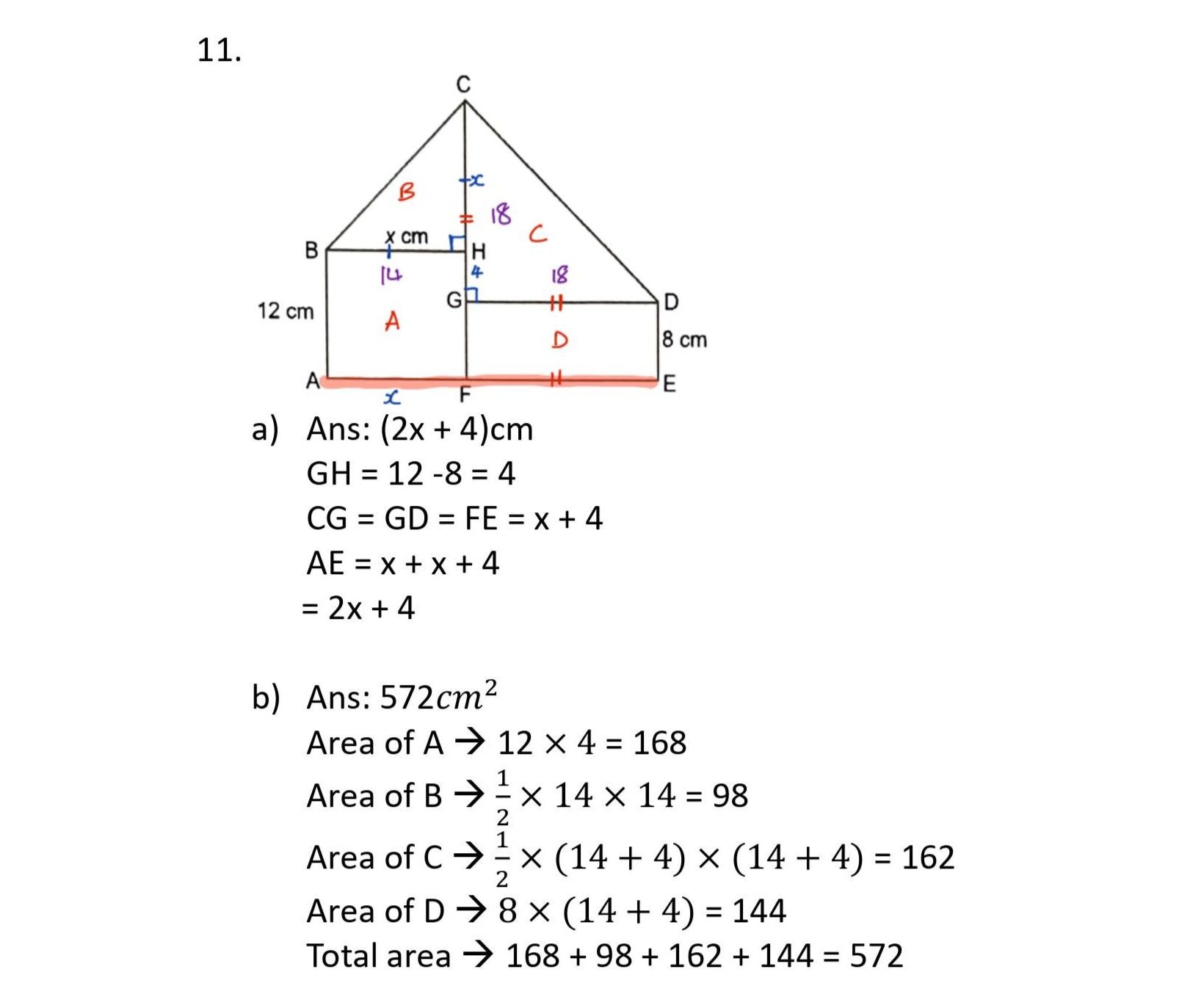 Mathematical diagram of a composite figure with labeled triangles and rectangles, showing measurements and calculations for areas and sides.
